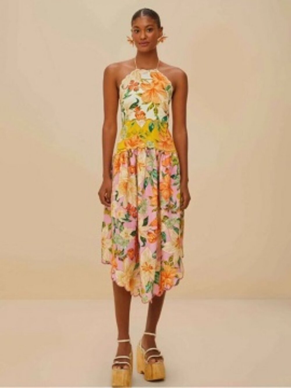 NWT Womens Farm Rio 100% Linen Beige-Multicolor Guaragarden Floral Midi Dress S